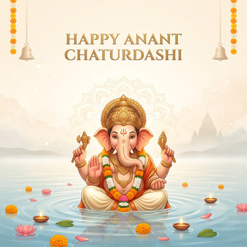 Divine elephant headed deity sitting gracefully amidst floating lotus flowers and glowing oil lamps during celebration with water surrounded floating