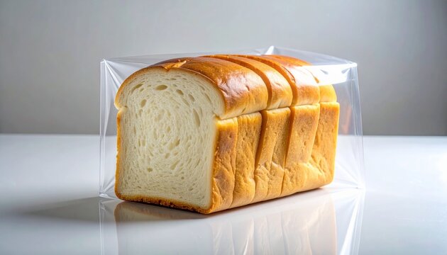 Loaf of sliced white bread in clear plastic packaging, golden crust, soft texture, sealed top, everyday household food staple.