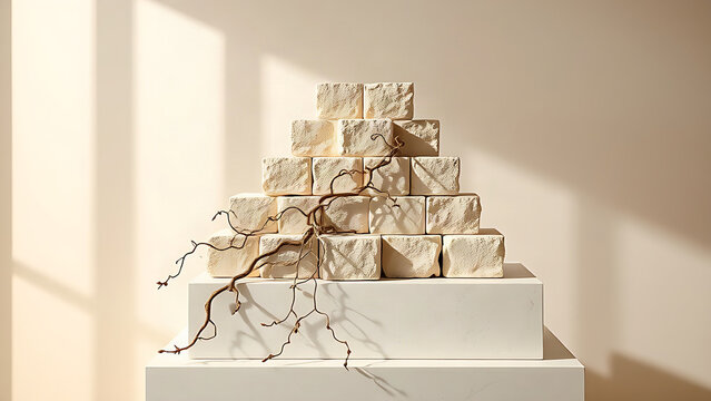 Stepped limestone ziggurat sculpture with dry vine tendrils on stone plinth, heritage and retail display concept
