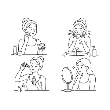 Woman Applying Skincare Products, Washing Face, Using Serum, Checking Reflection