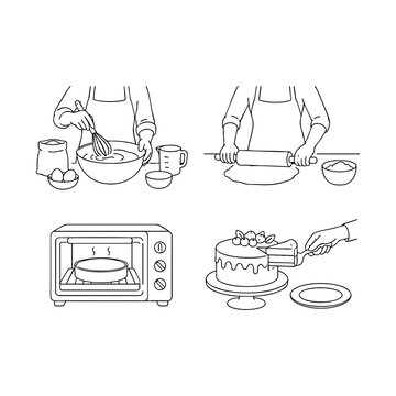 Baking Process Mixing Dough, Rolling Dough, Baking Cake, Decorating Cake, Kitchen Scene
