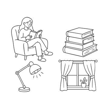 Woman Reading Book in Armchair, Stack of Books, Desk Lamp, Window with Curtains and Plant