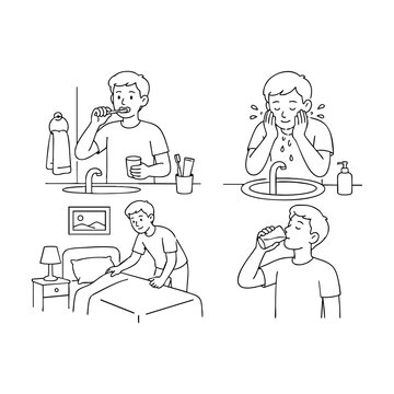 Boy Brushing Teeth, Washing Face, Making Bed, Drinking Water Daily Routine