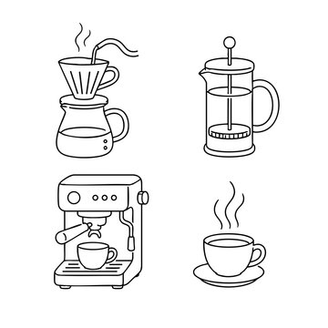 Coffee Brewing Methods Icons Pour Over, French Press, Espresso Machine, Hot Cup