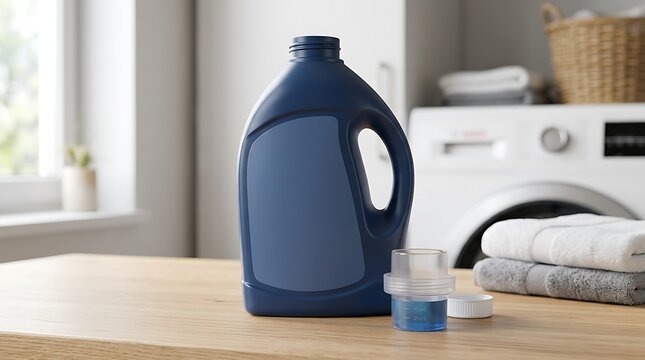 Blue plastic bottle of liquid laundry detergent with a measuring cup standing on a wooden table in a bright laundry room