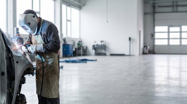 Middle aged male mechanic in safety gear welding a car body in a spacious industrial workshop interior, representing automotive repair and manufacturing industry concepts