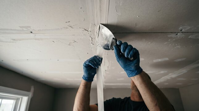 Professional male worker taping and mudding drywall ceiling joints with joint compound and putty knife for home renovation and interior construction