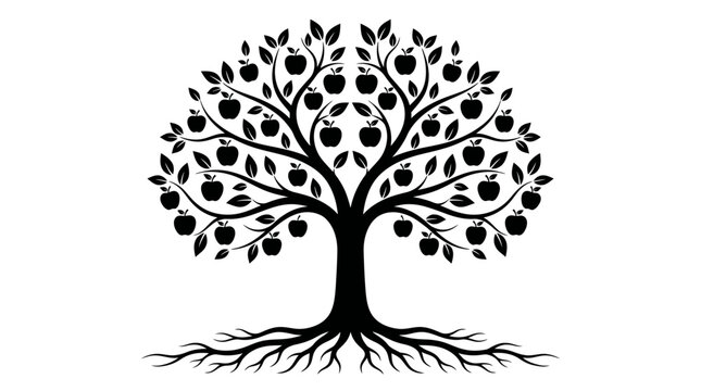 Decorative black apple tree illustration with detailed roots isolated on a clean white background design element