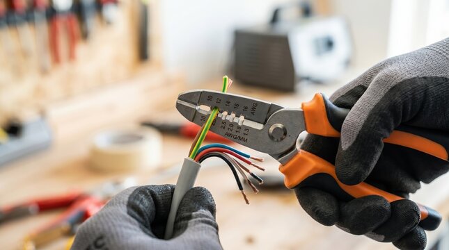 Electrician stripping insulation from electrical wires using wire stripper pliers in a workshop for electrical installation and repair work