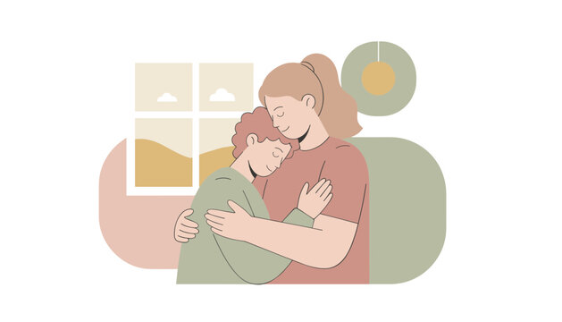 Warm flat illustration of a loving mother cuddling her young son indoors with soft pastels and cozy background.