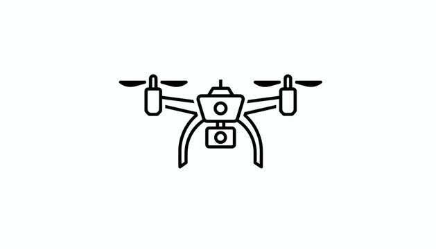 Minimalist black outline of a front facing quadcopter drone with camera gimbal isolated on white background.