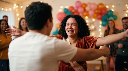 Naklejka premium Emotional surprise party reunion where a joyful young woman cries tears of happiness while embracing her partner in a decorated room with friends