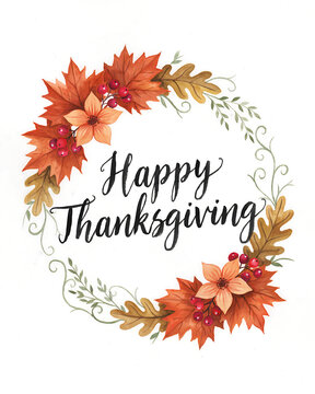 Watercolor wreath with autumn leaves and hand lettering happy thanksgiving greeting