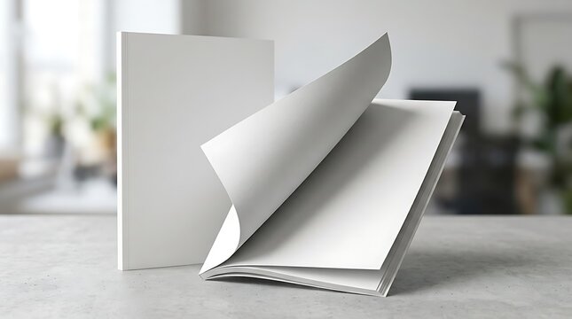 Blank open notebook with turning pages and a closed book standing on a stone table in a bright modern office interior