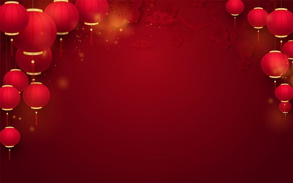 Festive red background with traditional chinese lanterns hanging on the sides for lunar new year celebration