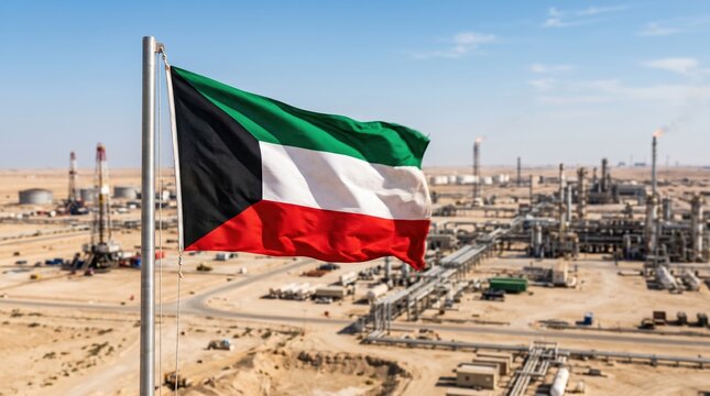 Kuwait national flag waving proudly over a vast oil refinery industrial plant facility in the desert representing energy production and petroleum economy
