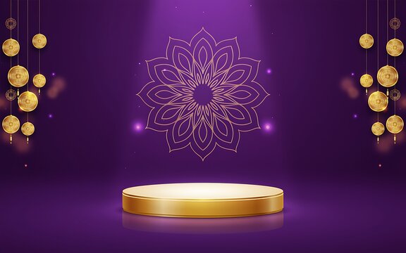 Luxury golden product display podium with hanging lanterns and ornate mandala pattern on a deep purple background