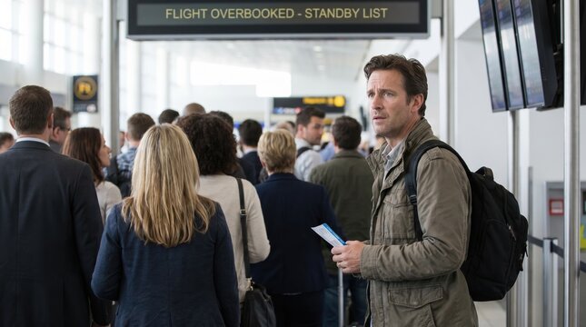 Middle-aged caucasian man standing in airport queue with backpack looking concerned at overbooked flight sign