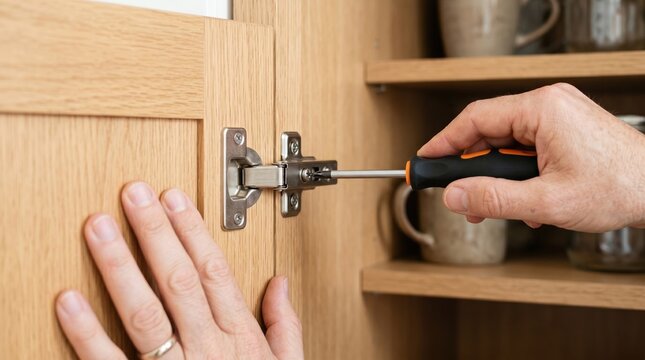 Man adjusting cabinet door hinge with a screwdriver in a kitchen, home improvement and furniture repair concept