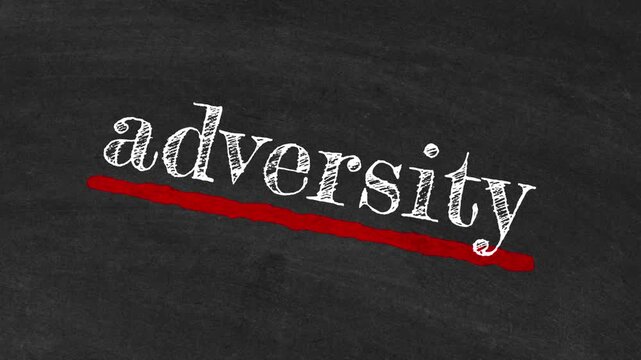 The Word Adversity Handwritten in White Chalk with Bold Red Underline on Black Chalkboard Background Symbolizing Overcoming Hardship, Resilience, Crisis Management, Strength Under Pressure, Survival