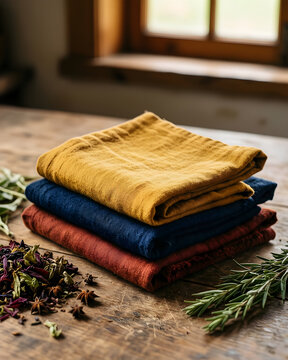 Three folded cloth samples in plant-dyed ochre, indigo and madder beside raw botanical matter for local culture, artisan food, craft, slow living, tourism and independent-brand campaign
