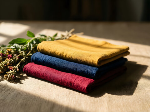 Three folded cloth samples in plant-dyed ochre, indigo and madder beside raw botanical matter for local culture, artisan food, craft, slow living, tourism and independent-brand campaign