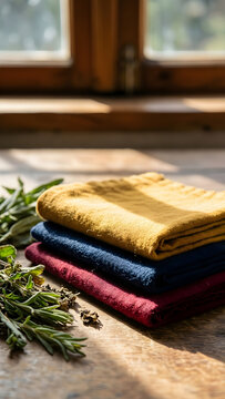 Three folded cloth samples in plant-dyed ochre, indigo and madder beside raw botanical matter for local culture, artisan food, craft, slow living, tourism and independent-brand campaign