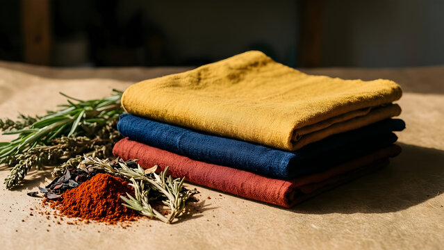 Three folded cloth samples in plant-dyed ochre, indigo and madder beside raw botanical matter for local culture, artisan food, craft, slow living, tourism and independent-brand campaign