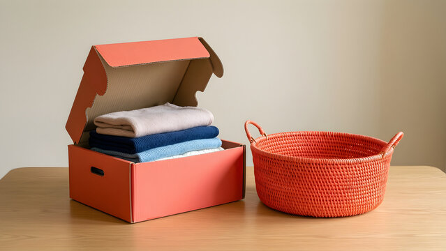 One open plum storage box with folded winter textiles beside an empty coral summer basket for home organization, renting, moving, small-space living and household-services campaign