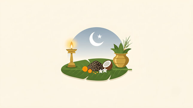 Karkidaka Vavu Bali Vector Illustration with Man Performing Ancestral Ritual Offertory, Offering Rice Balls Pinda, Water, and Nilavilakku Lamp by River Riverbank in Kerala