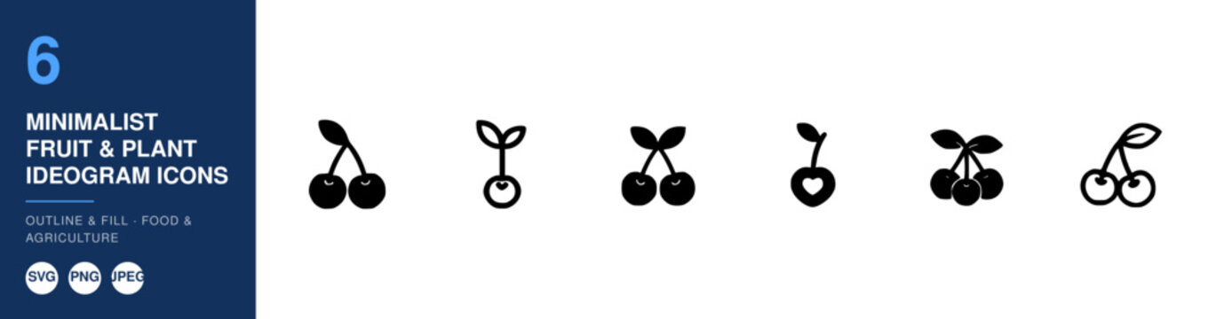 Cherries Icons Set Featuring Minimalist Fruit and Plant Ideograms in Outline and Filled Styles for Food and Agriculture.