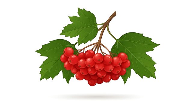 Bunch of Red Viburnum Berries with Green Leaves Isolated on White