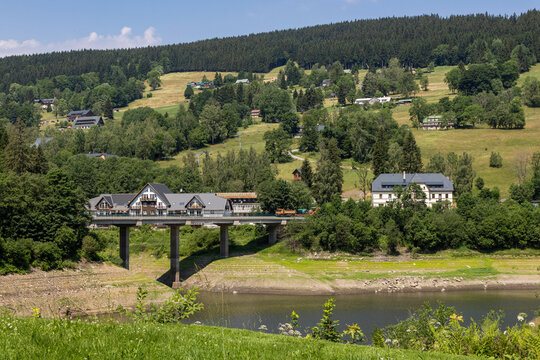 A small road bridge over the Elbe River next to the famous Labsk&aacute; přehrada dam in &Scaron;pindlerův Ml&yacute;n, Czech Republic.
