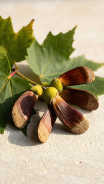 Natural maple seed pods arranged as a sparse botanical study for autumn food, farm retail and harvest-season campaign