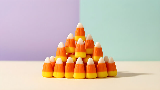Small orderly pyramid of generic tri-color candy corn pieces for family-friendly Halloween retail, social and party campaign