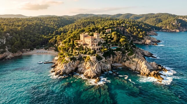 Mediterranean Coastal Villa. Turquoise Sea Cliffside Retreat. Scenic Island Coast Landscape. Luxury Travel Photography