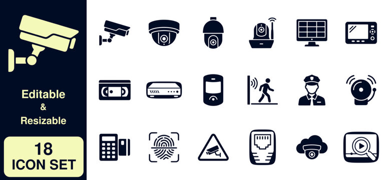 Eighteen surveillance and security camera system in dark blue on white background