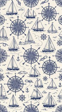 Nautical fabric pattern featuring sailboats and compass roses in navy blue on a cream background