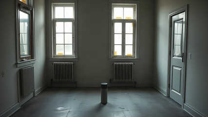 Fototapeta premium An empty room with windows sealed by tape and a smoking canister on the floor.