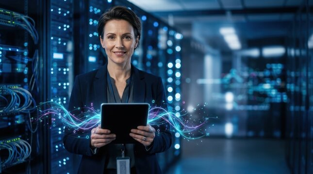 Privacy officer using digital tablet in secure data center