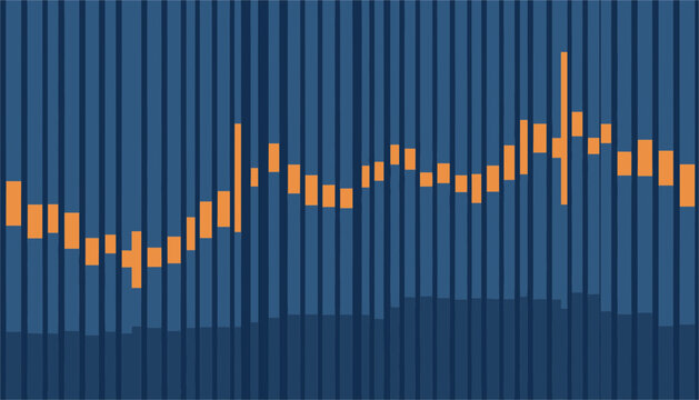 Abstract financial data visualization showing orange candlestick patterns over blue vertical bar stripes representing market trends.