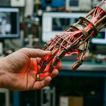 Cybernetic hand reaching out with glowing red circuitry futuristic technology concept