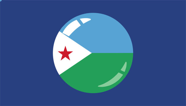 National flag of Djibouti presented inside a glossy circular glass bubble shape against a deep blue background.