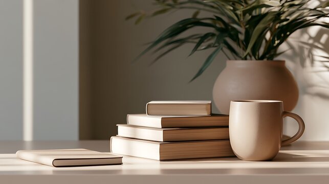books and coffee on table with plant