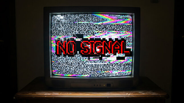 Broken Vintage Television Displaying Static Glitch Noise And No Signal Text