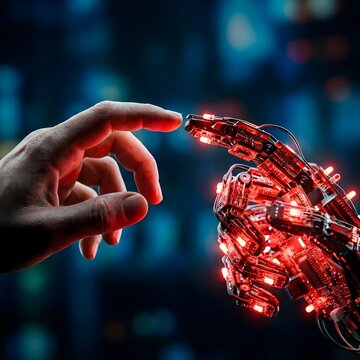 Human hand touching robotic hand with glowing red lights technology and future concepts
