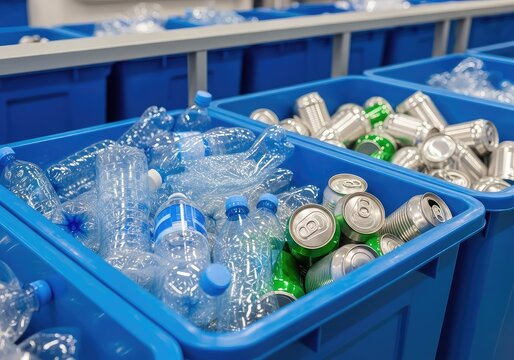A pile of used plastic water bottles and empty aluminum tin cans sorted inside large blue industrial bins at a modern recycling facility, ecology, disposal, cleanliness