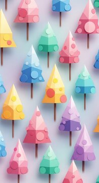 A seamless wallpaper design featuring stylized geometric trees in soft pastel hues, blending triangles and circles for a modern aesthetic, tile, repeating, blue