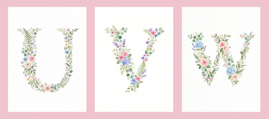 Watercolor floral alphabet letters U V W with botanical flowers and greenery © Thameera