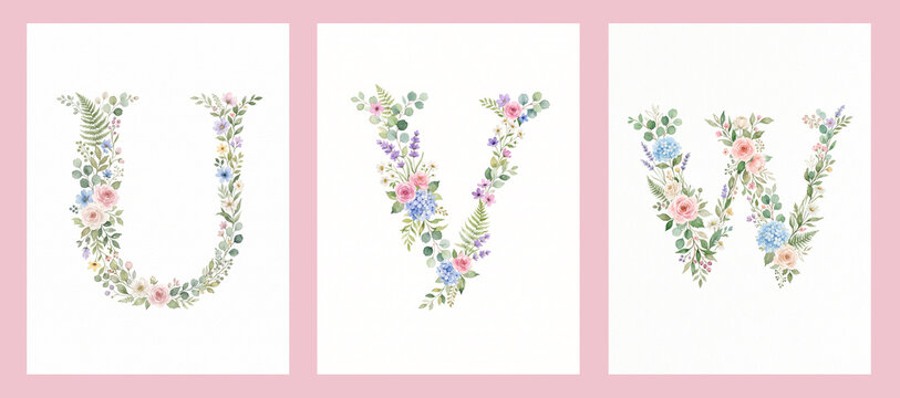 Watercolor floral alphabet letters U V W with botanical flowers and greenery